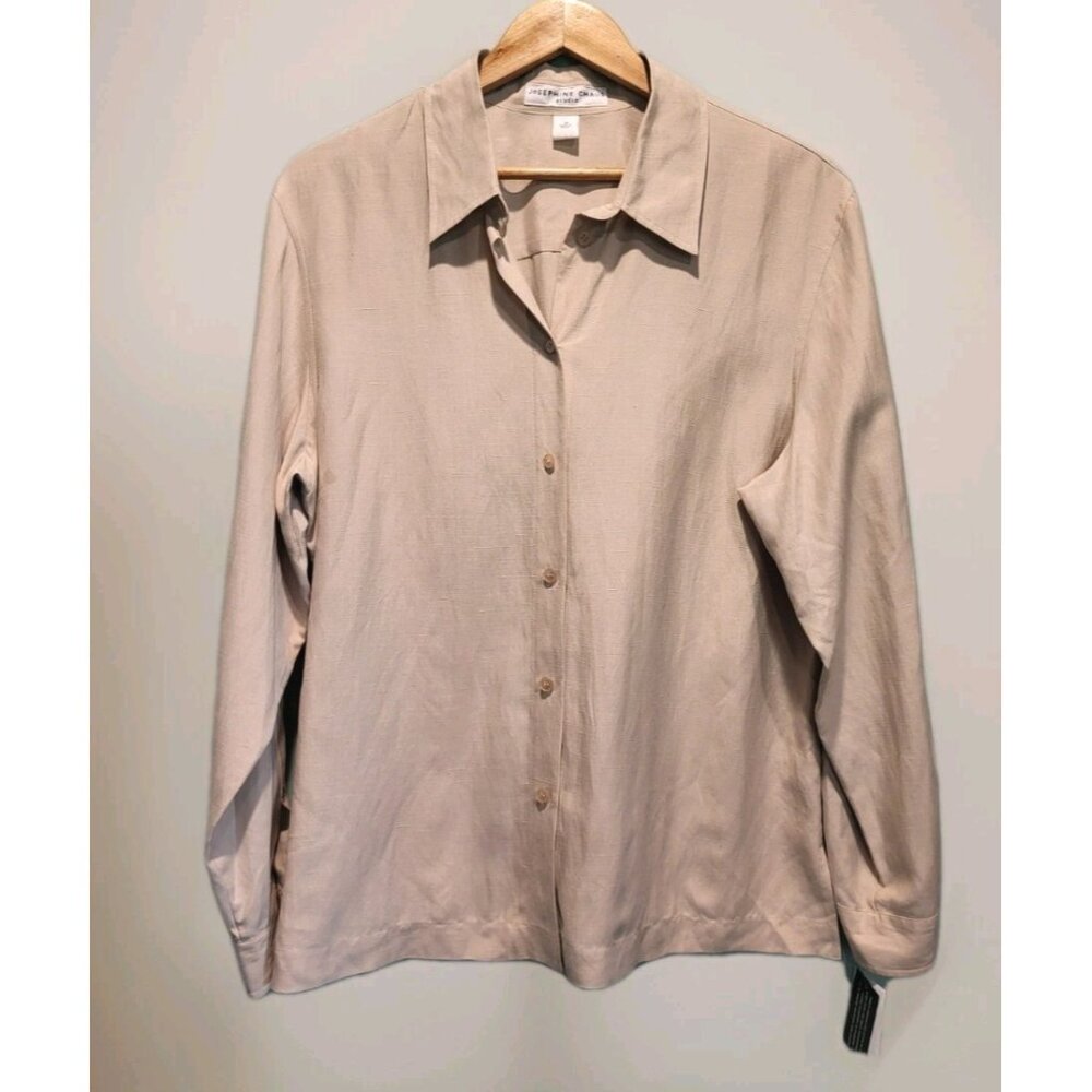 New Beige Silk Linen Long Sleeve Lightweight Button Up Top Sz 16 Minimalist - Picture 1 of 7